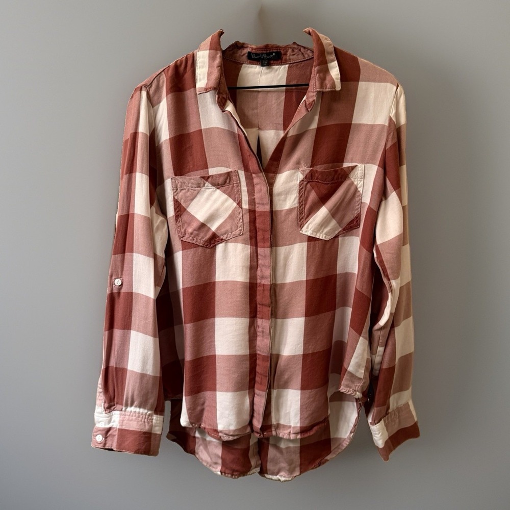 Velvet Heart Plaid Button Down Shirt Women's XL Roll Tab Sleeve Rust White